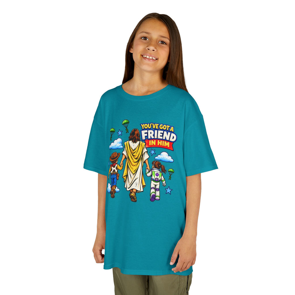 Kids Tee — "You've Gotta Friend in Him" Inspirational Jesus & Toy Friends Graphic