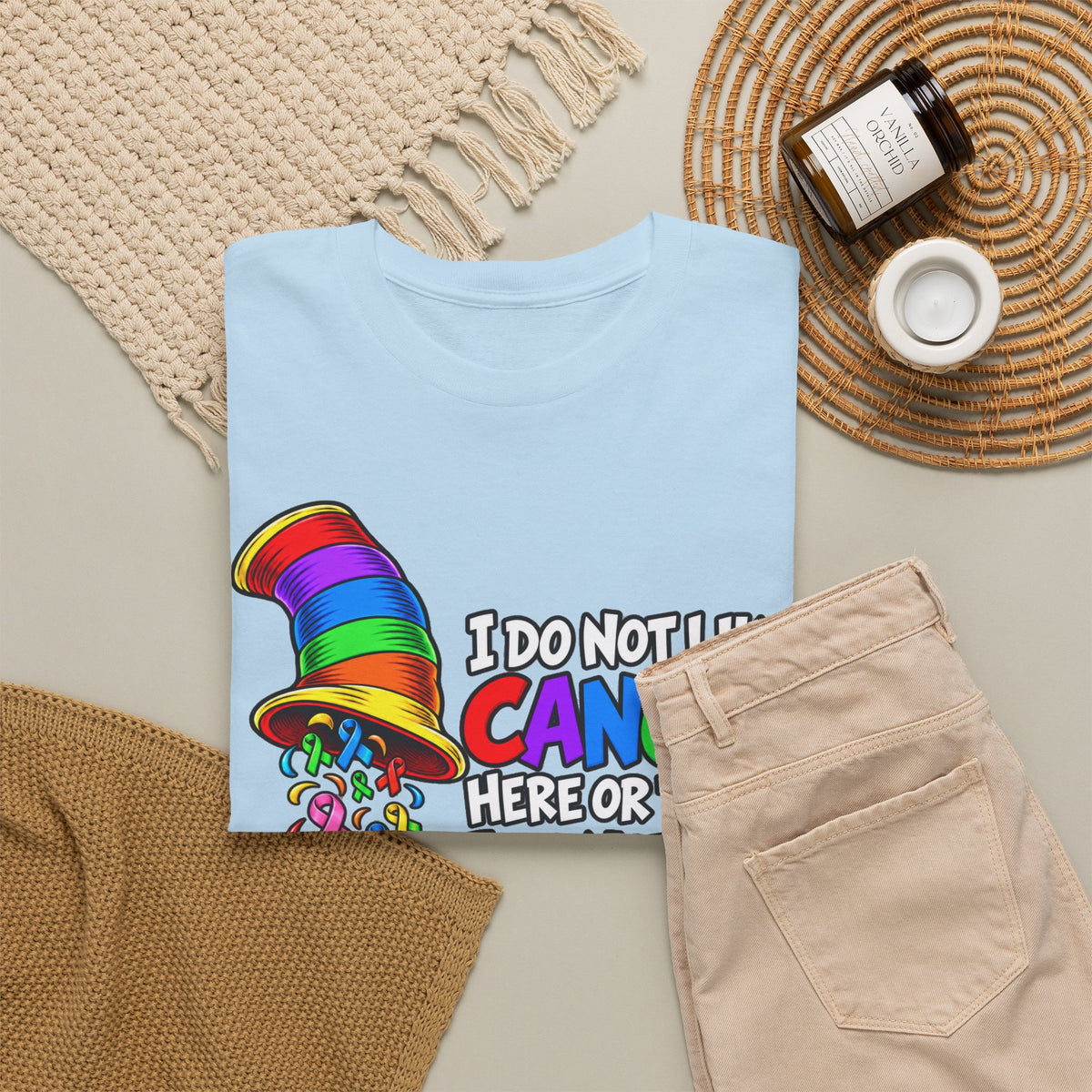 Cancer Awareness T-Shirt — “I Do Not Like Cancer Here or There” Rainbow Ribbon Tee