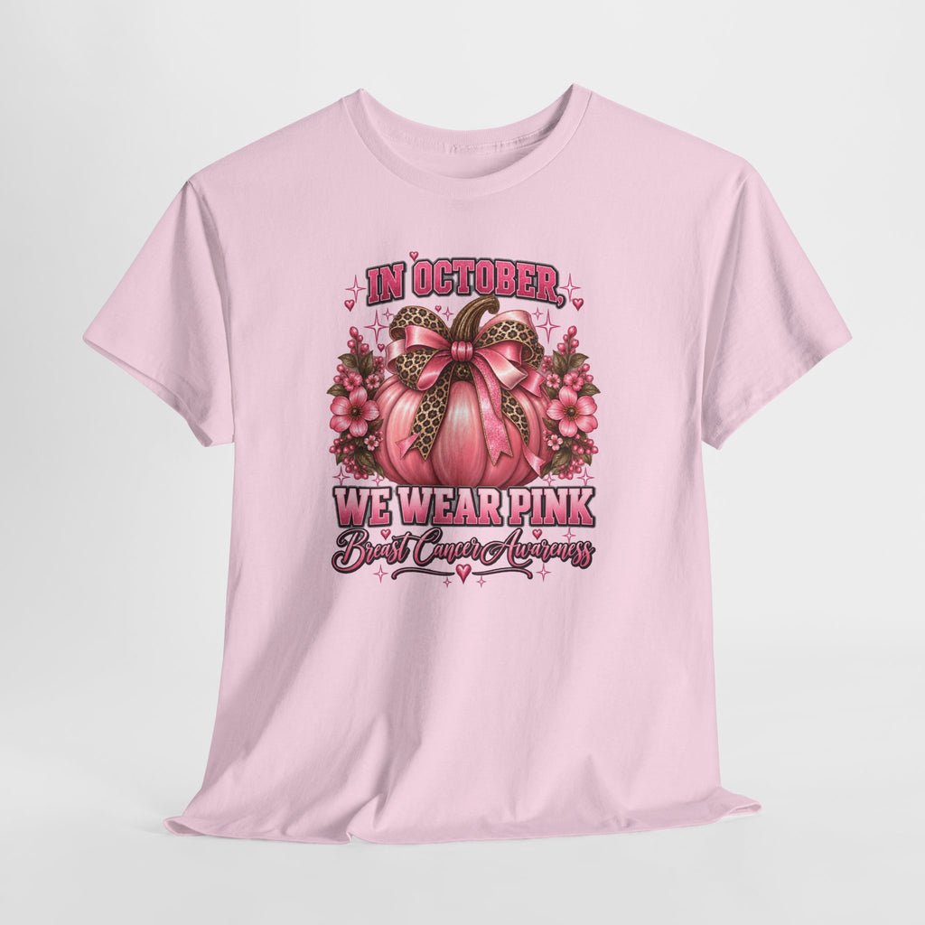 Breast Cancer Awareness T-Shirt — "In October We Wear Pink" Pumpkin Design