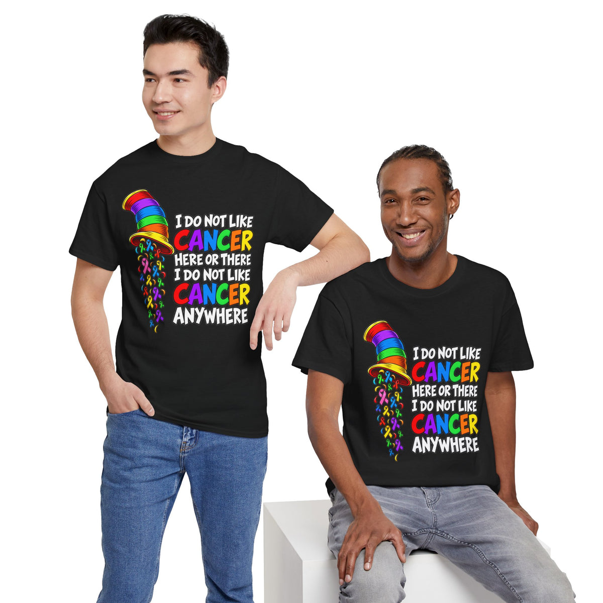 Cancer Awareness T-Shirt — “I Do Not Like Cancer Here or There” Rainbow Ribbon Tee