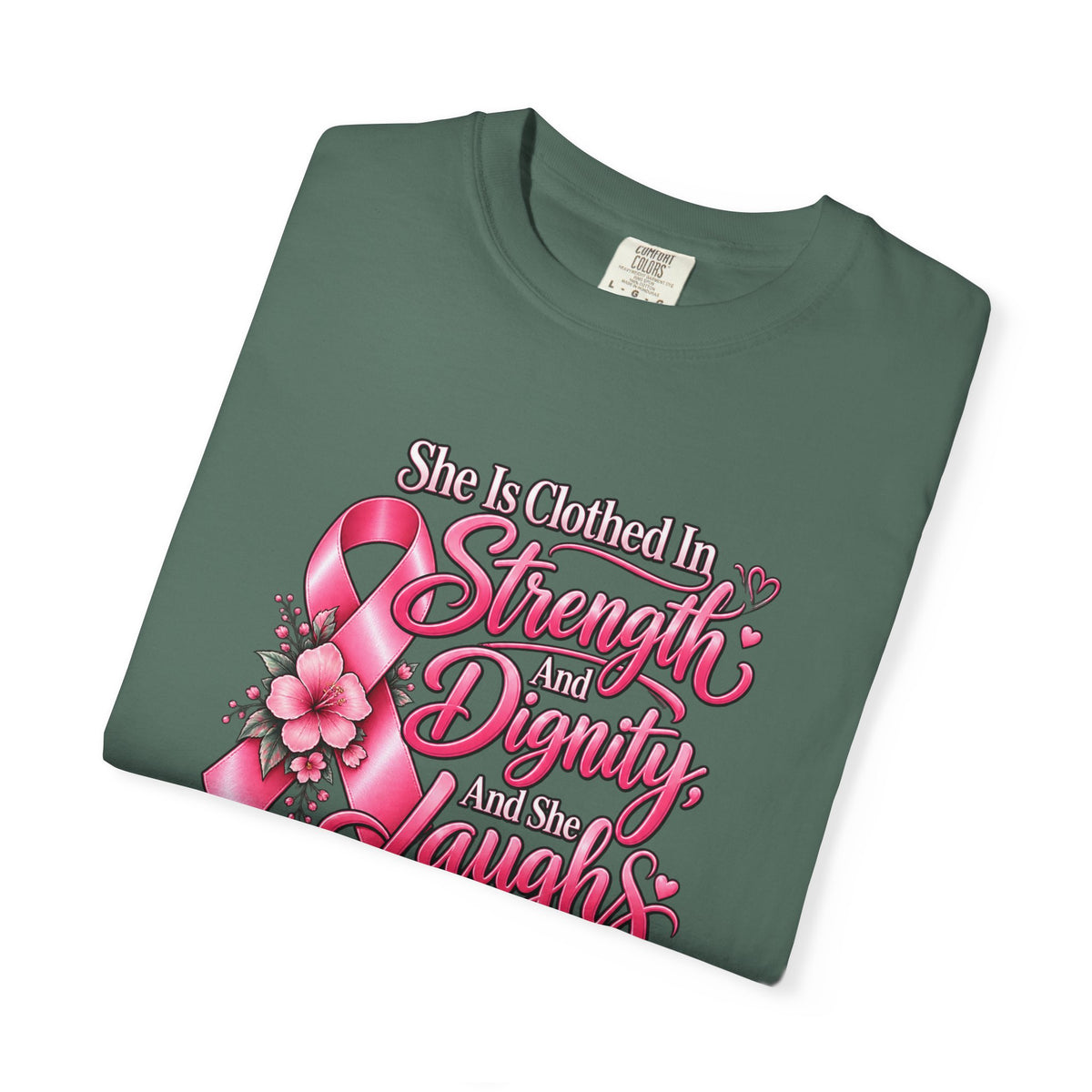 Breast Cancer Awareness T-Shirt — "She is Clothed in Strength" Pink Ribbon Tee
