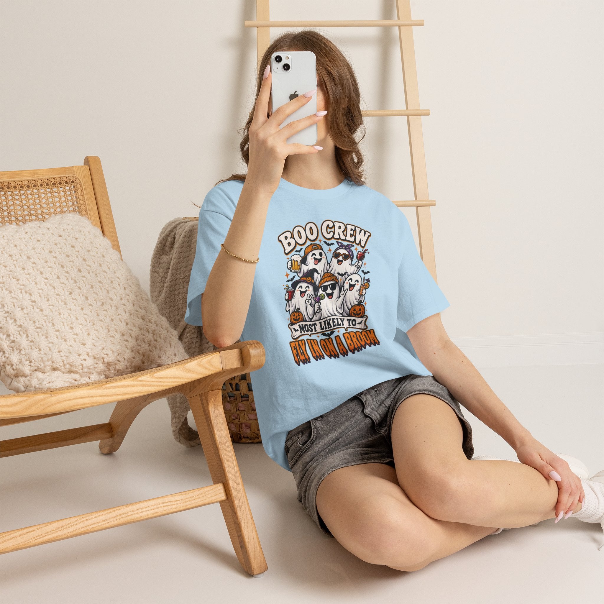 Boo Crew T-Shirt — “Most Likely to Fly on a Broom” Halloween Ghost Tee