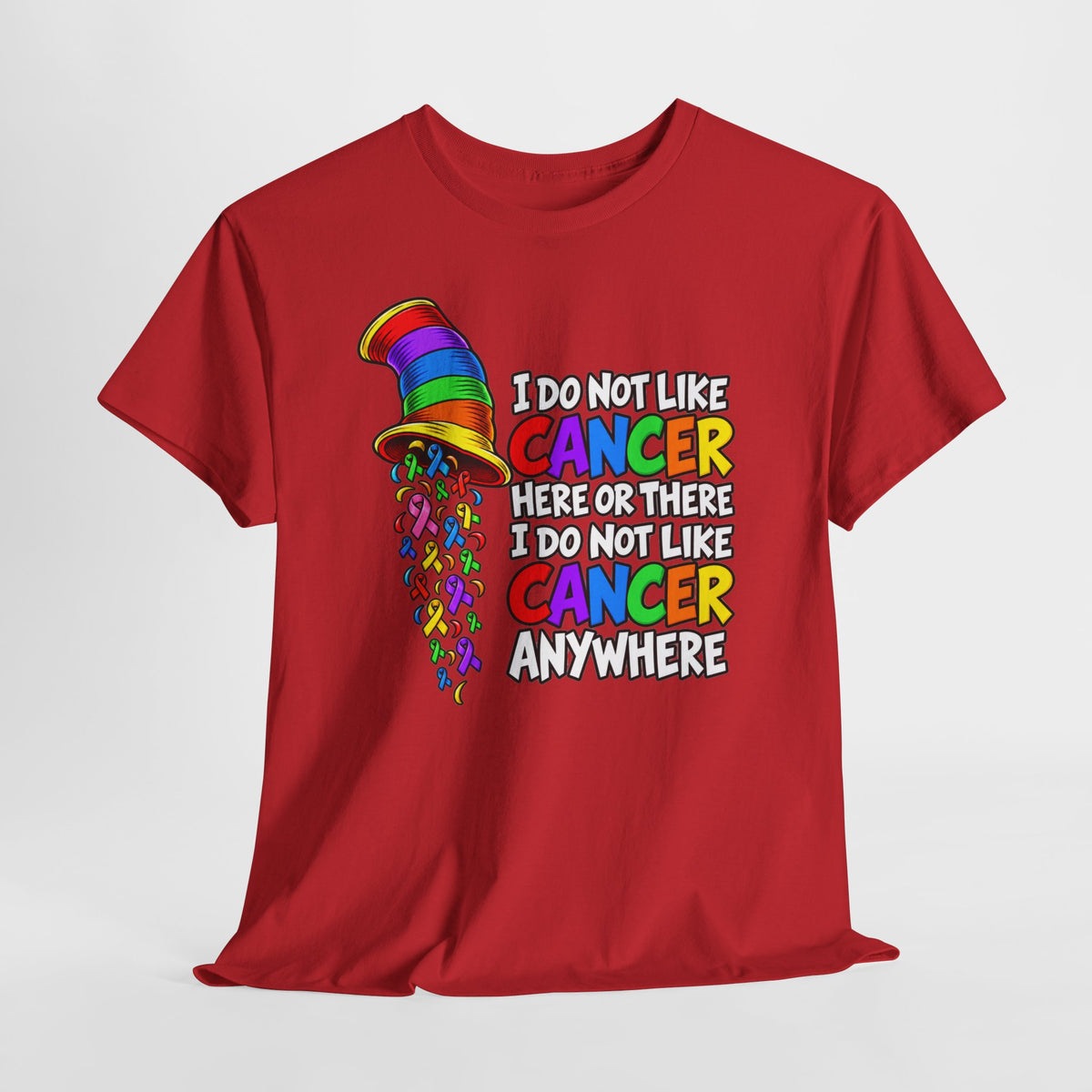 Cancer Awareness T-Shirt — “I Do Not Like Cancer Here or There” Rainbow Ribbon Tee
