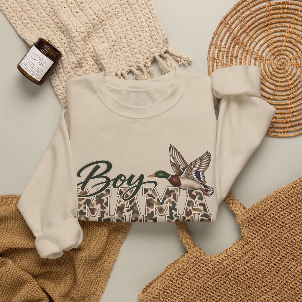Boy Mama Crewneck Sweatshirt — Camo Lettering with Flying Duck