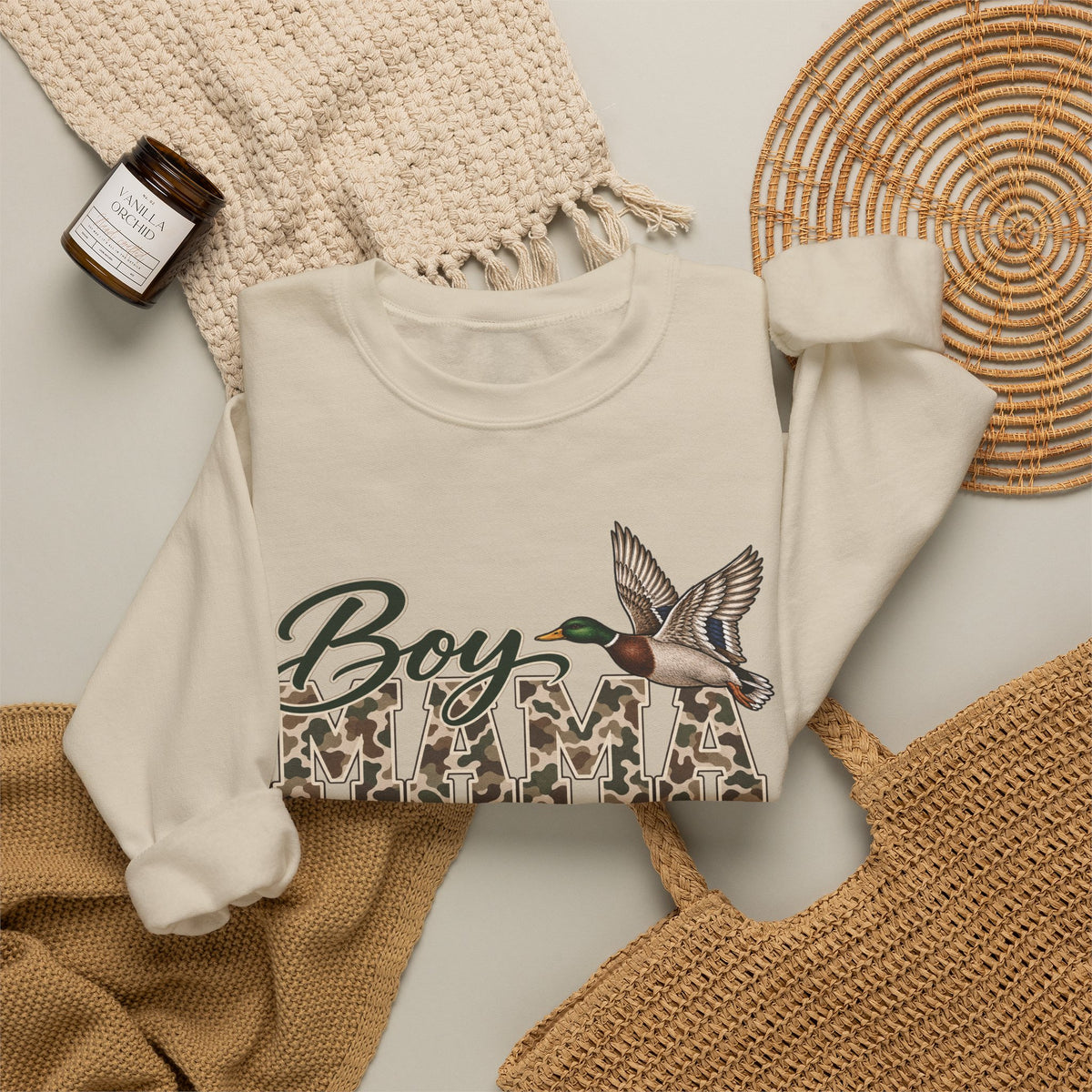 Boy Mama Crewneck Sweatshirt — Camo Lettering with Flying Duck