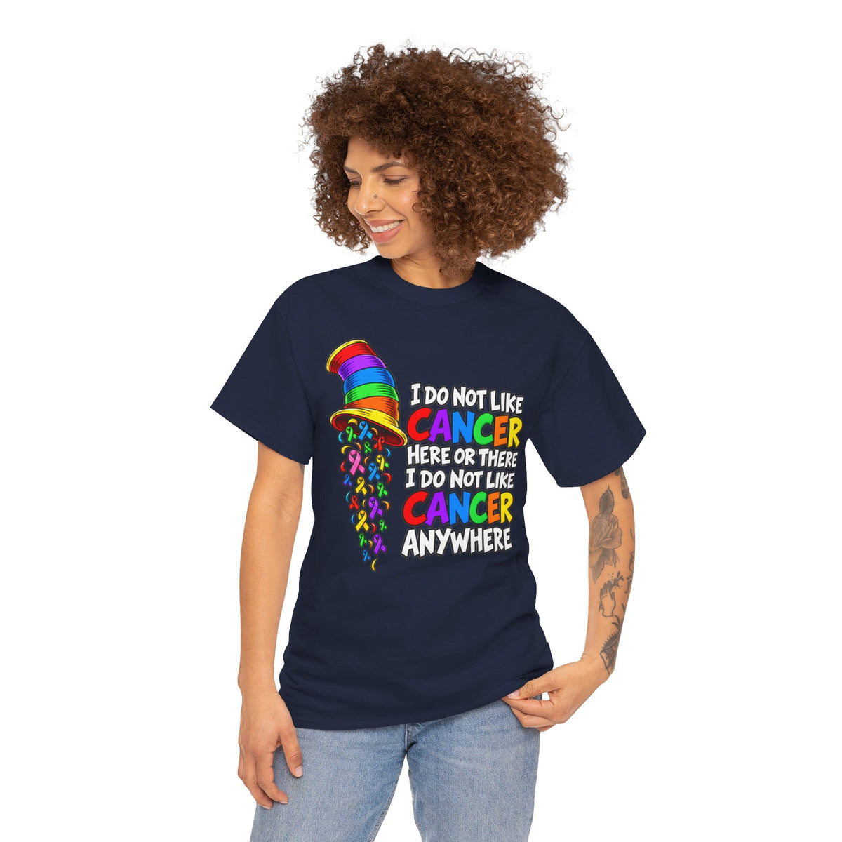 Cancer Awareness T-Shirt — “I Do Not Like Cancer Here or There” Rainbow Ribbon Tee