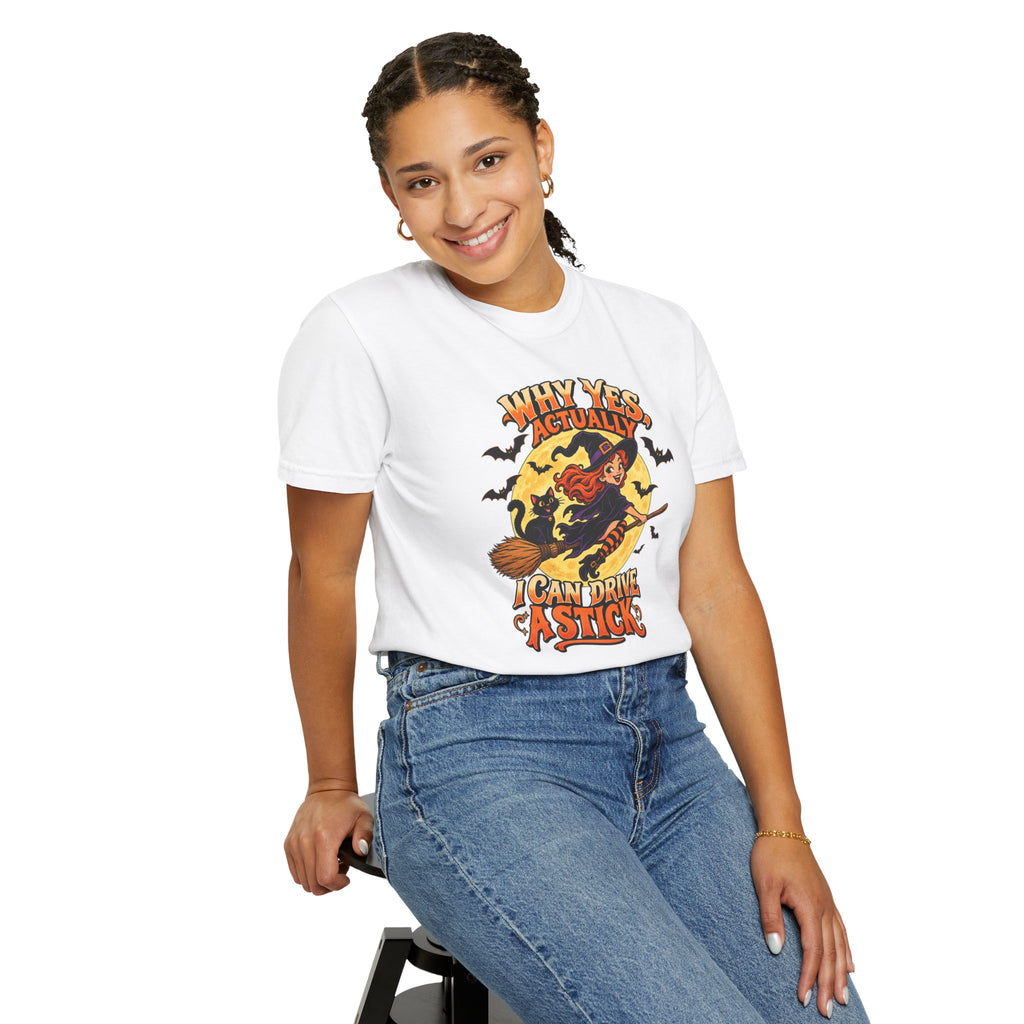 Witch Broom Halloween T-Shirt — "Why Yes Actually I Can Drive A Stick"