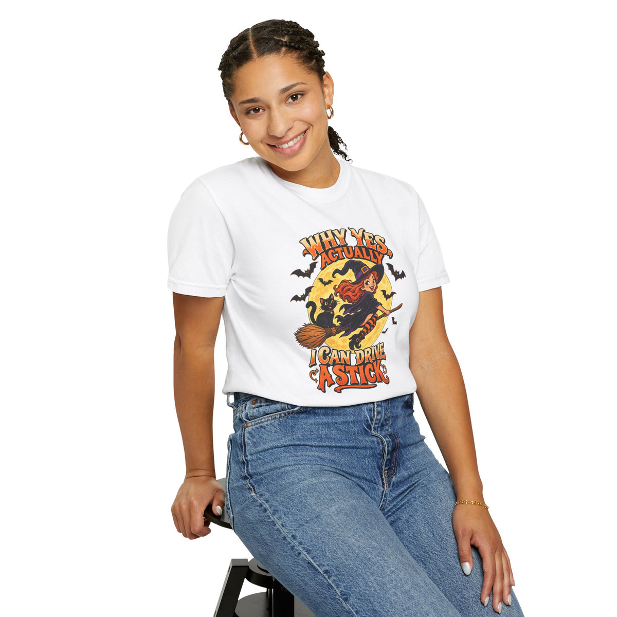 Witch Broom Halloween T-Shirt — "Why Yes Actually I Can Drive A Stick"