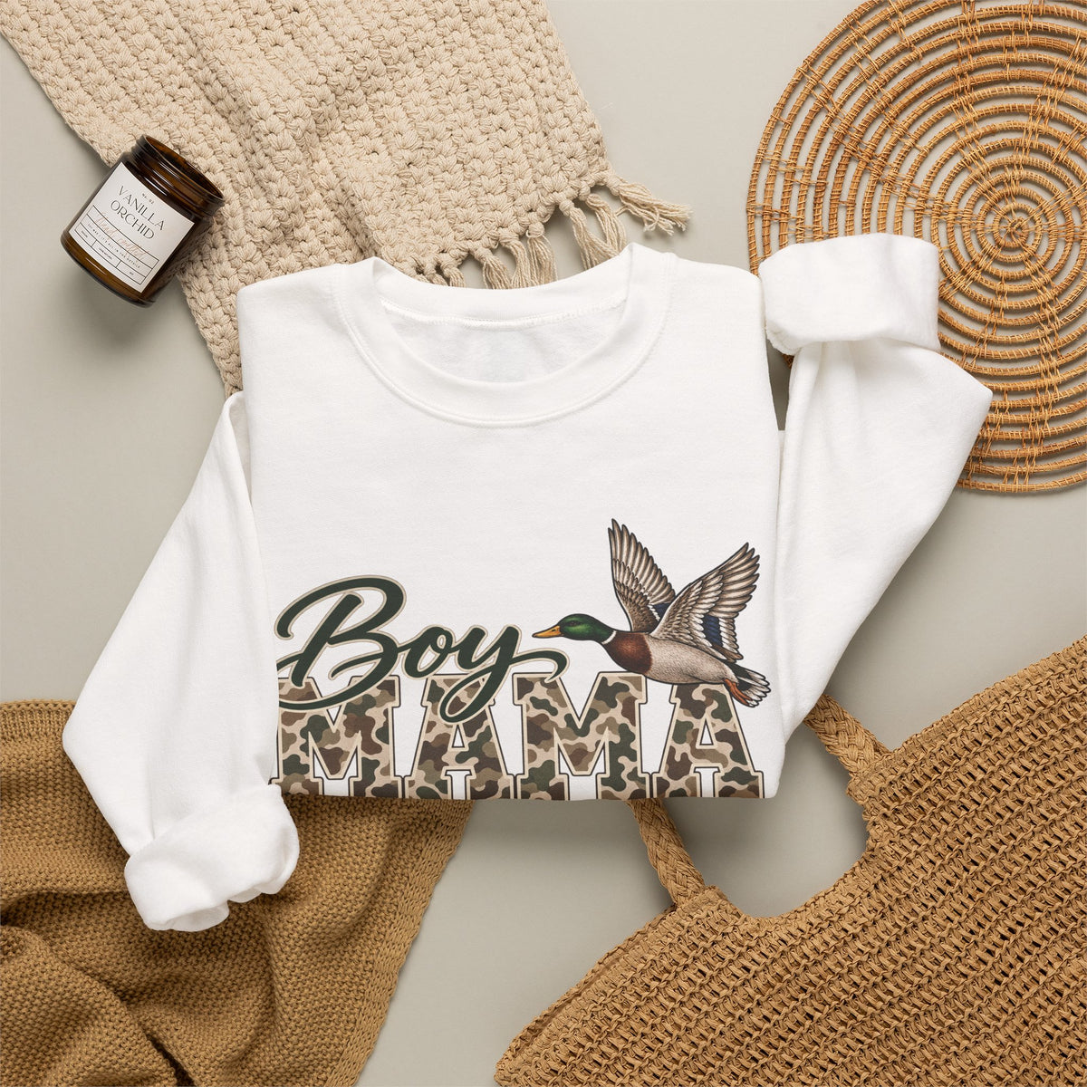 Boy Mama Crewneck Sweatshirt — Camo Lettering with Flying Duck