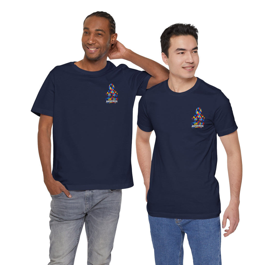 Autism Awareness Ribbon Chest Tee — 'Different, Not Less' Short Sleeve T-Shirt