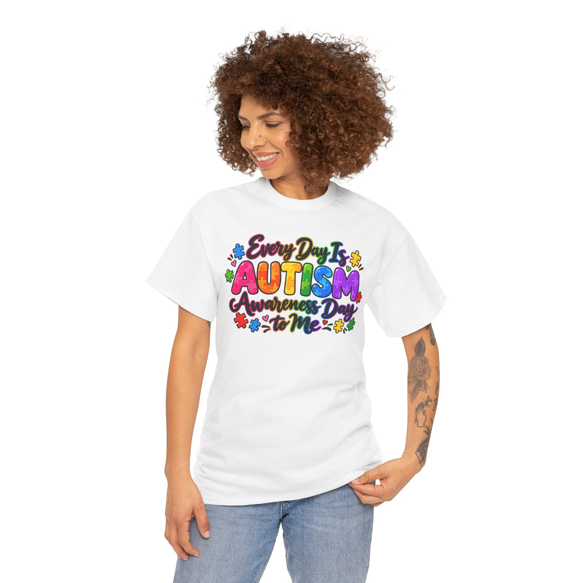 Autism Awareness T-Shirt — "Every Day Is Autism Awareness Day to Me" Colorful Puzzle Tee