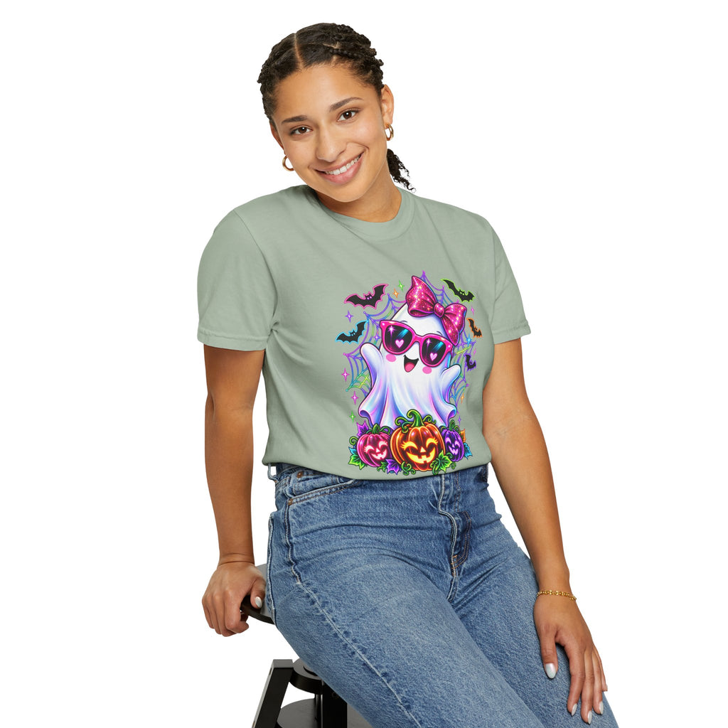 Cute Halloween Ghost T-Shirt — Pink Bow Ghost with Sunglasses & Pumpkins