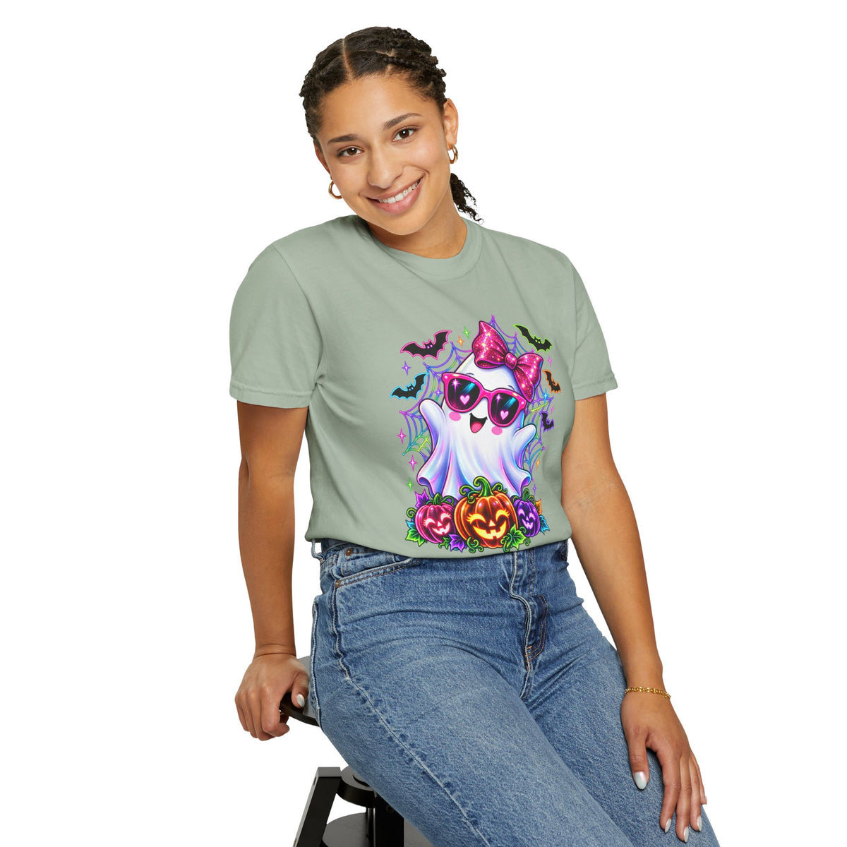Cute Halloween Ghost T-Shirt — Pink Bow Ghost with Sunglasses & Pumpkins