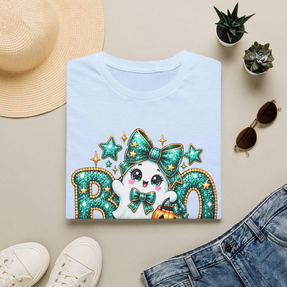 Boo Ghost Graphic T-Shirt — Cute Teal Glitter Halloween Tee
