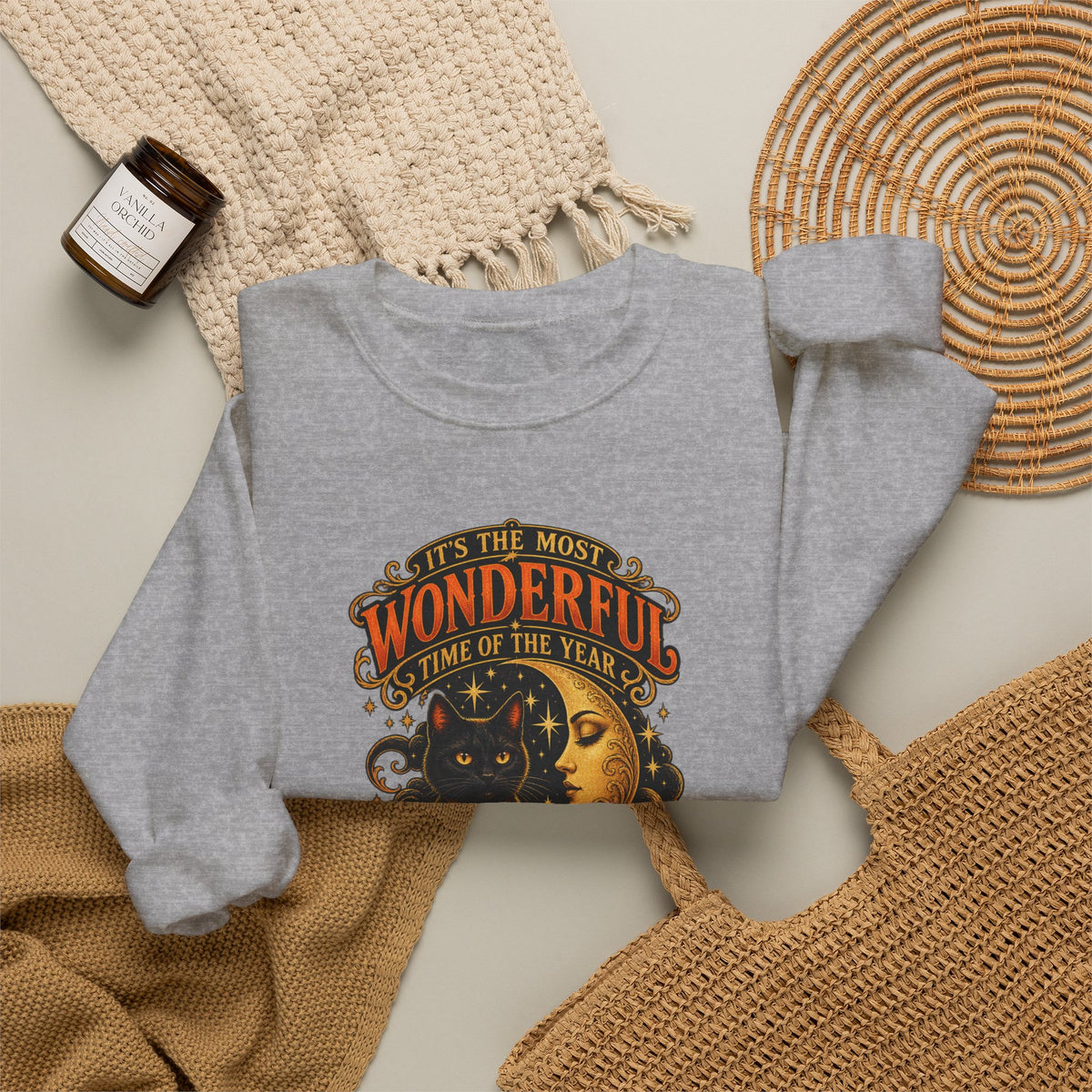 Vintage Halloween Sweatshirt - "It's the Most Wonderful Time of the Year" Black Cat & Moon Design