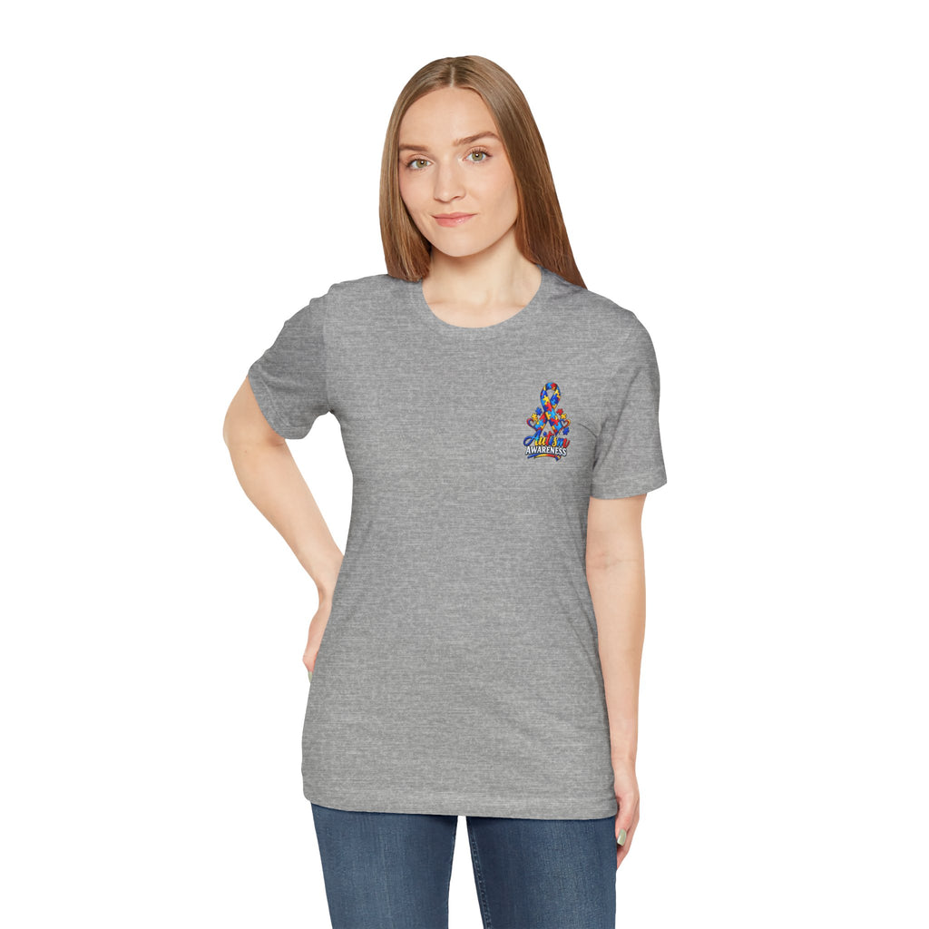 Autism Awareness Ribbon Chest Tee — 'Different, Not Less' Short Sleeve T-Shirt