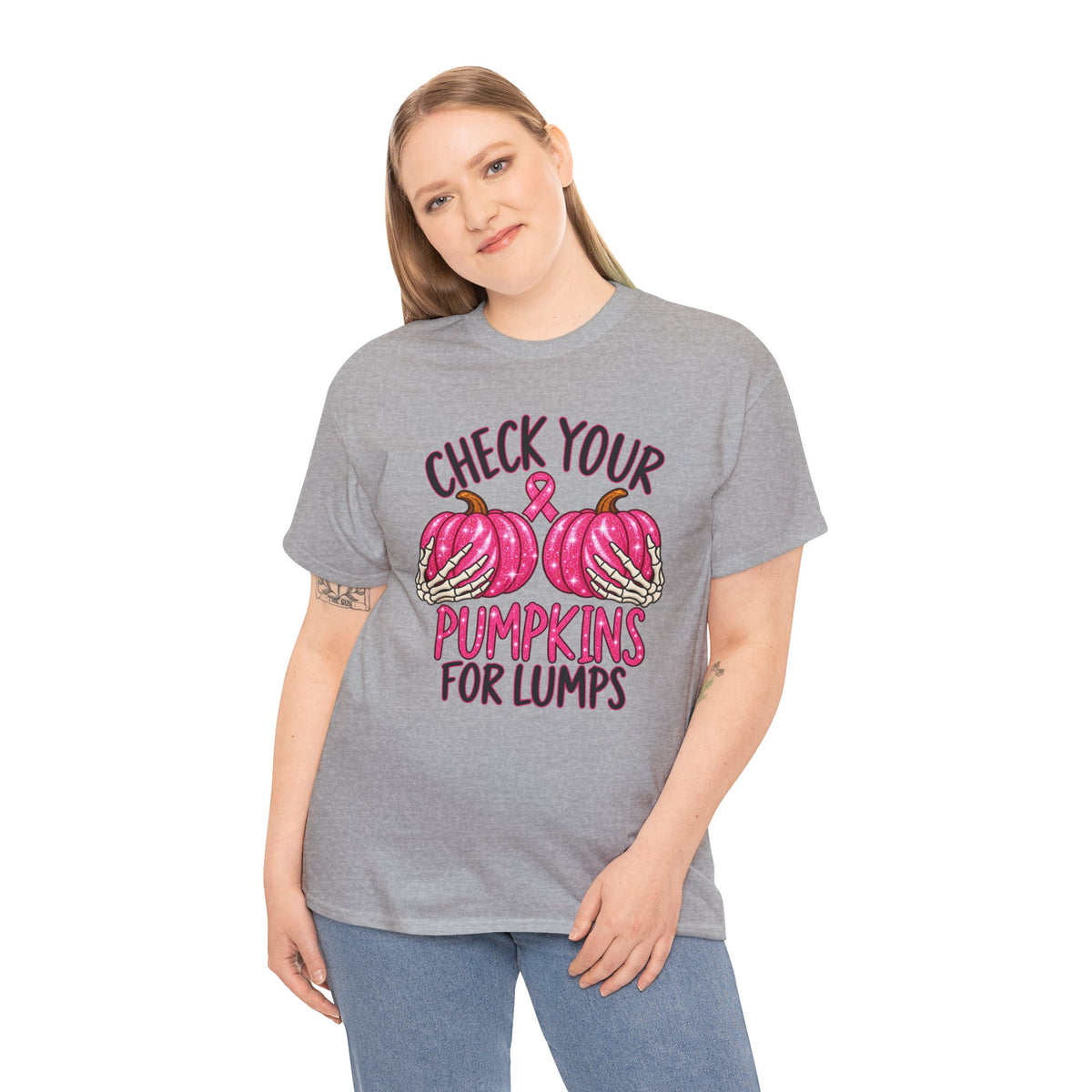 Breast Cancer Awareness T-Shirt — "Check Your Pumpkins for Lumps" Pink Ribbon Tee