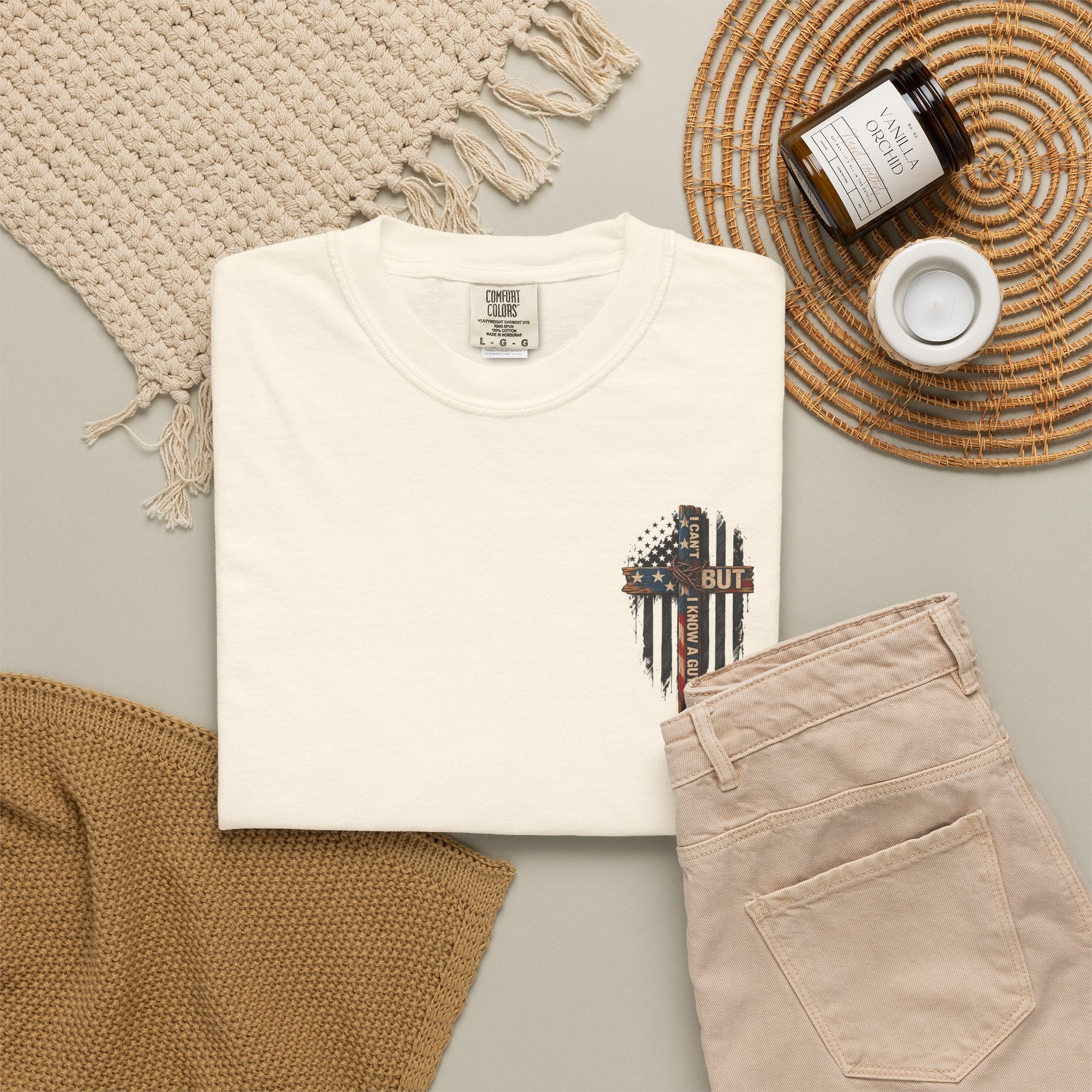 T-Shirt — 'I Can't But I Know A Guy' American Flag Cross Graphic