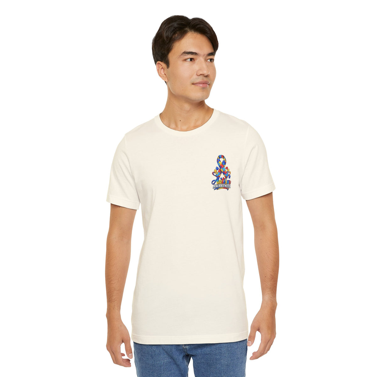 Autism Awareness Ribbon Chest Tee — 'Different, Not Less' Short Sleeve T-Shirt