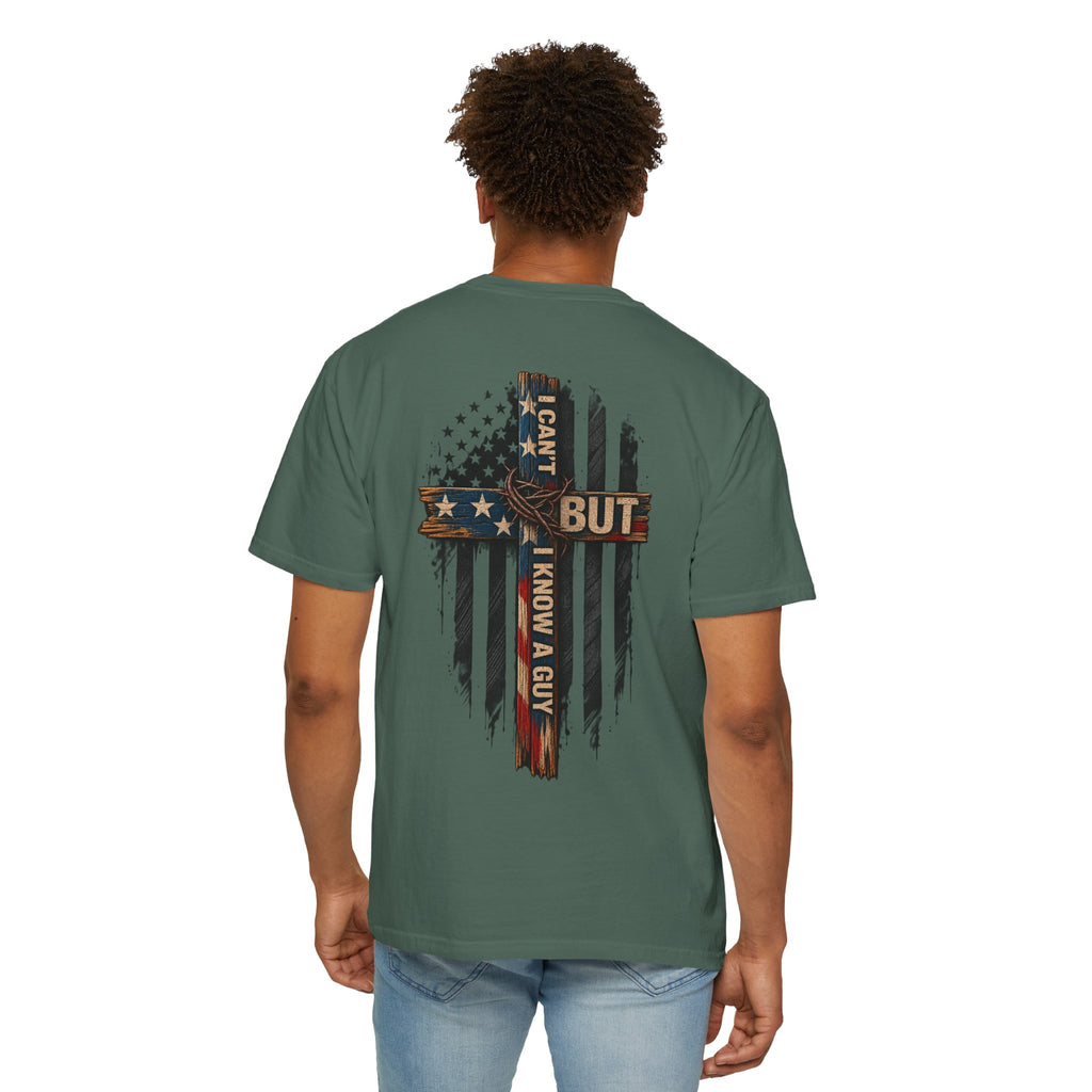 T-Shirt — 'I Can't But I Know A Guy' American Flag Cross Graphic