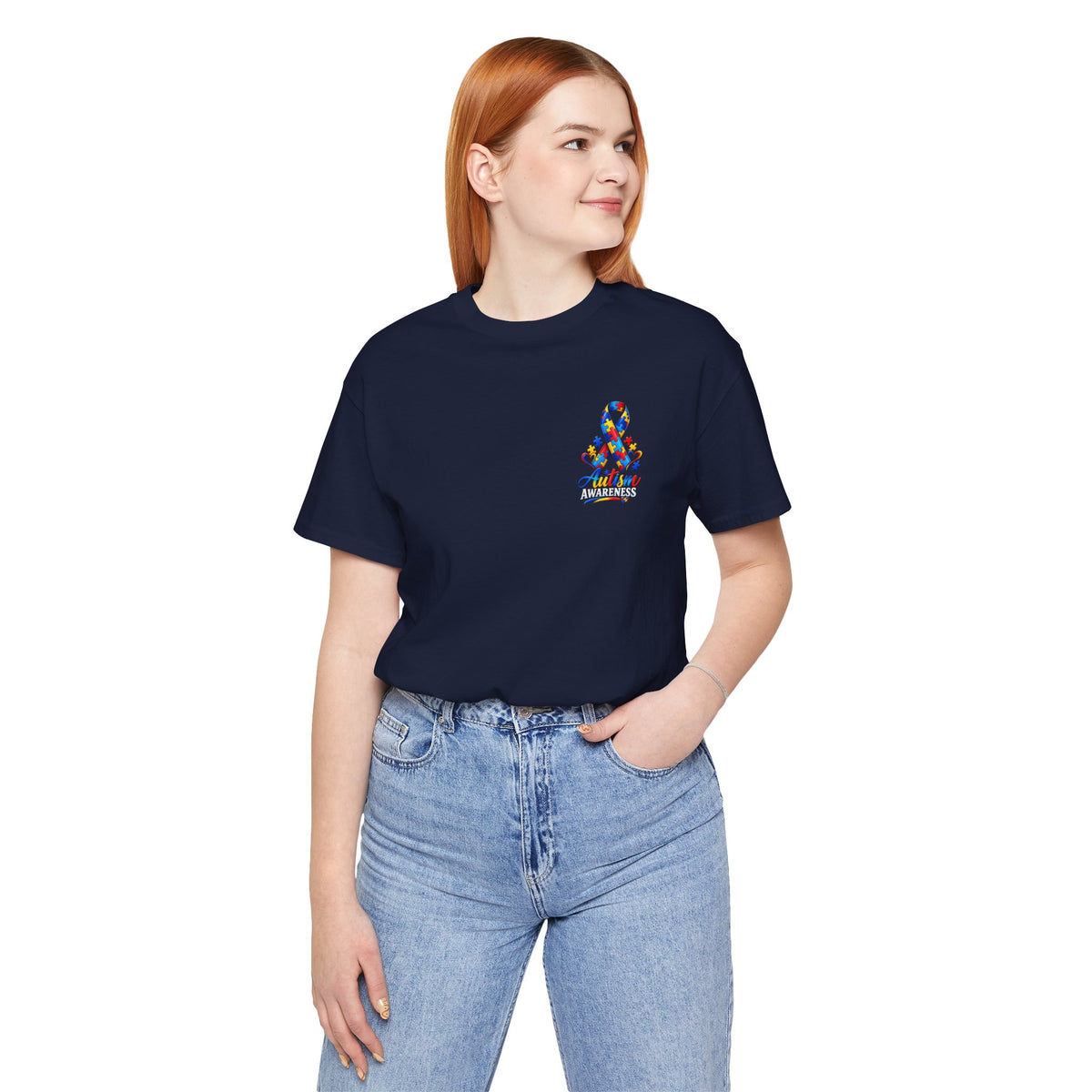 Autism Awareness Ribbon Chest Tee — 'Different, Not Less' Short Sleeve T-Shirt