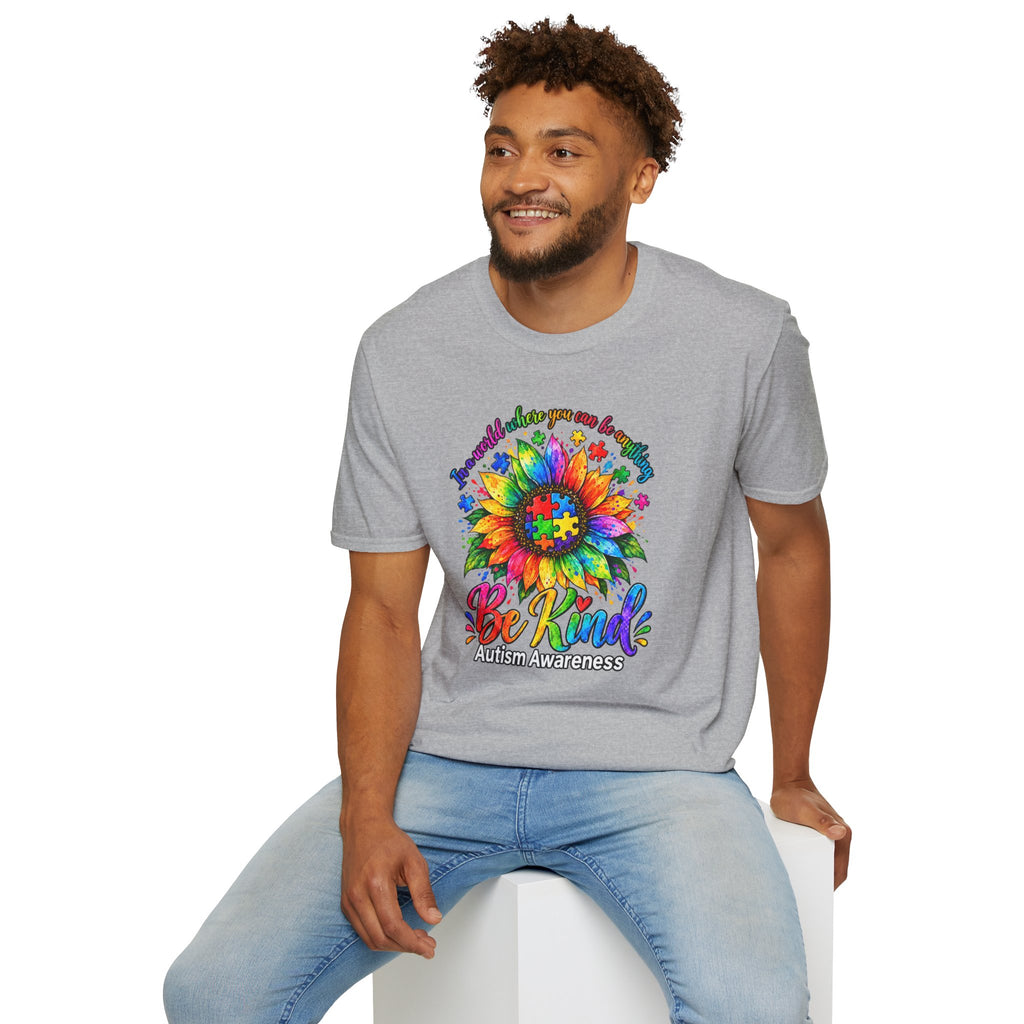 Autism Awareness Sunflower T-Shirt — 'Be Kind' Rainbow Puzzle Design