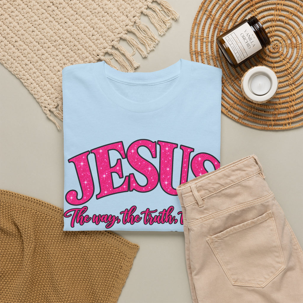 Christian T-Shirt — "JESUS The way, the truth, the life" (John 14:6) Pink Vintage Script