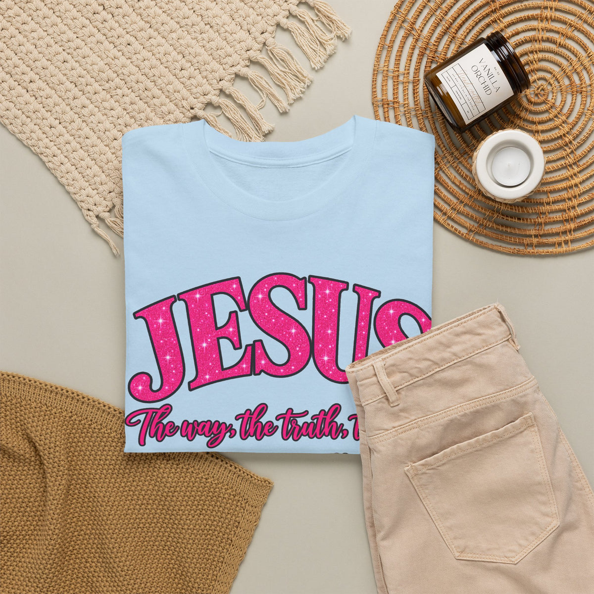 Christian T-Shirt — "JESUS The way, the truth, the life" (John 14:6) Pink Vintage Script