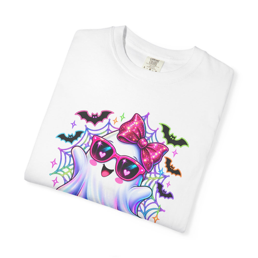 Cute Halloween Ghost T-Shirt — Pink Bow Ghost with Sunglasses & Pumpkins
