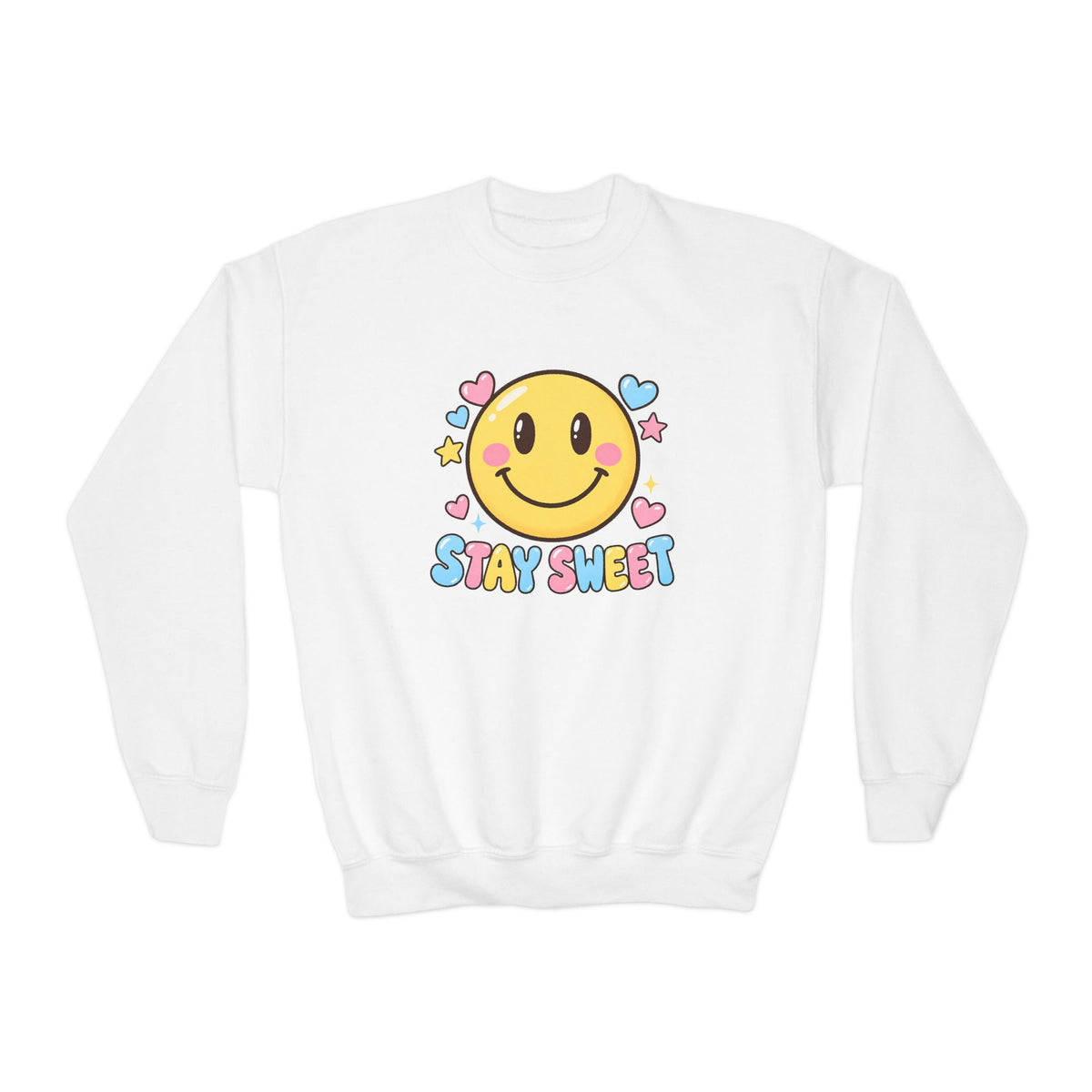 Youth Crewneck Sweatshirt — Cute Smiley "Stay Sweet" Graphic, Kids Cozy Pullover