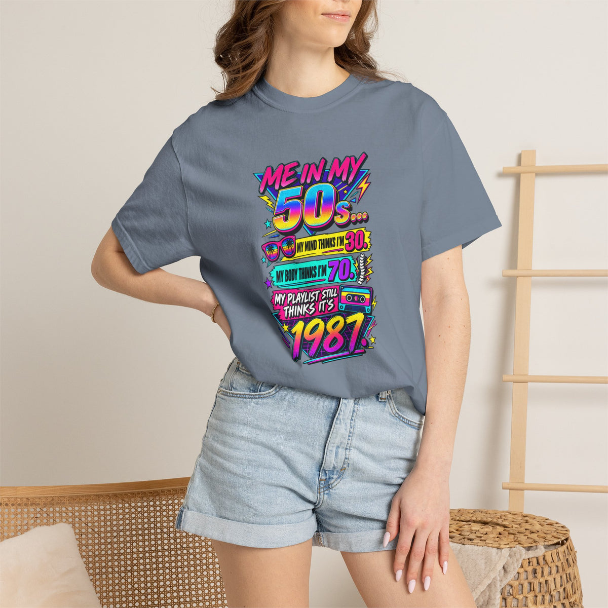 50th Birthday T-Shirt — "Me in My 50s... My Playlist Still Thinks It’s 1987" Retro Graphic Tee