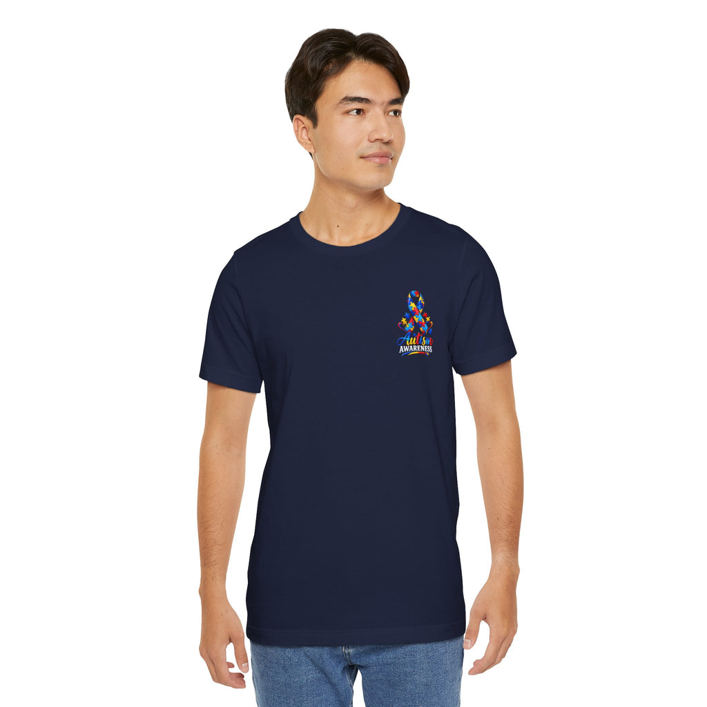 Autism Awareness Ribbon Chest Tee — 'Different, Not Less' Short Sleeve T-Shirt