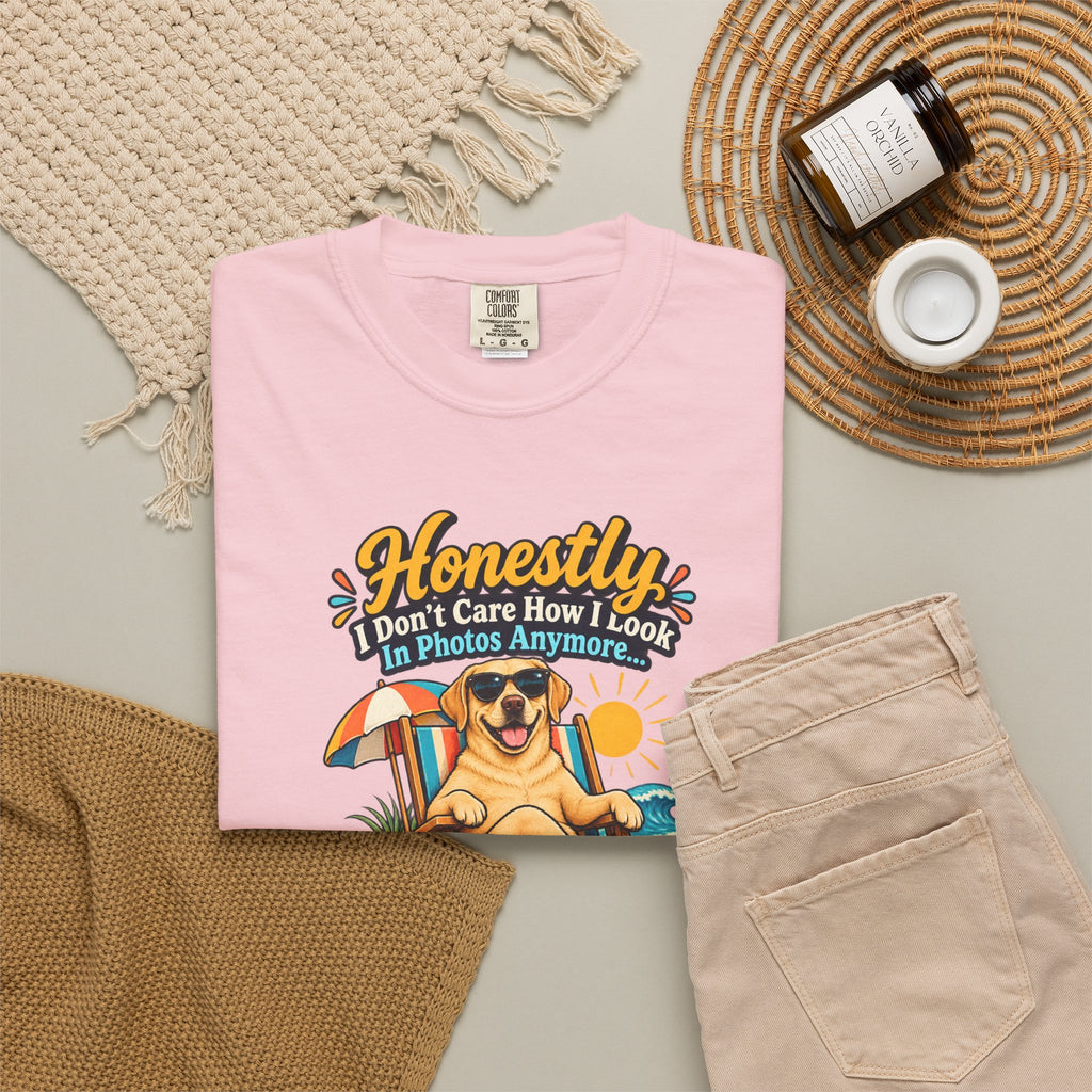 Honestly I Don’t Care How I Look In Photos Anymore T-Shirt — Funny Beach Dog Graphic Tee