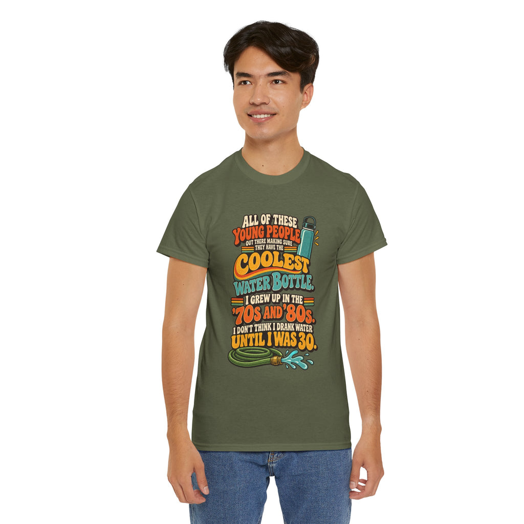 Retro 70s-80s Funny Water Bottle Tee — "Coolest Water Bottle" Graphic T-Shirt