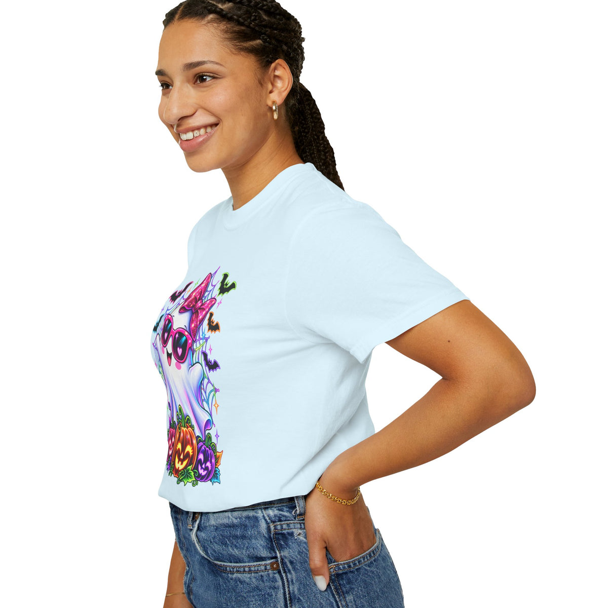 Cute Halloween Ghost T-Shirt — Pink Bow Ghost with Sunglasses & Pumpkins