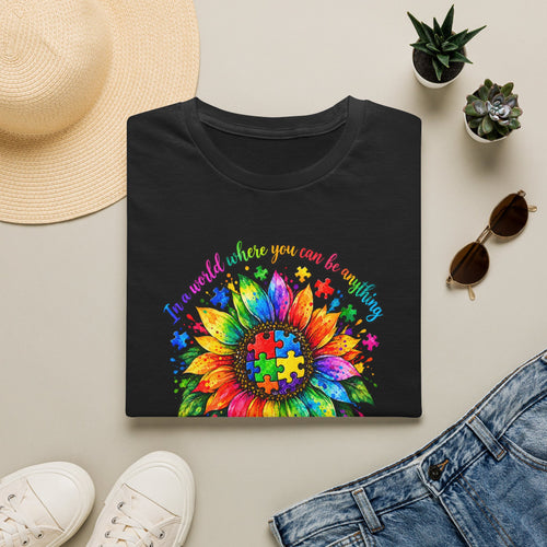 Autism Awareness Sunflower T-Shirt — 'Be Kind' Rainbow Puzzle Design