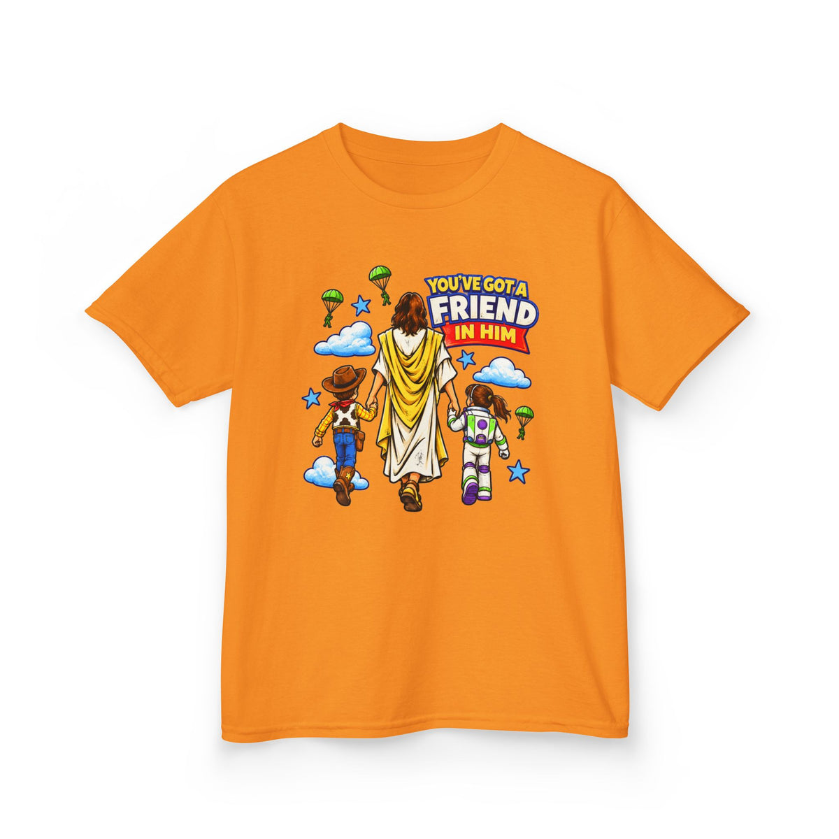 Kids Tee — "You've Gotta Friend in Him" Inspirational Jesus & Toy Friends Graphic