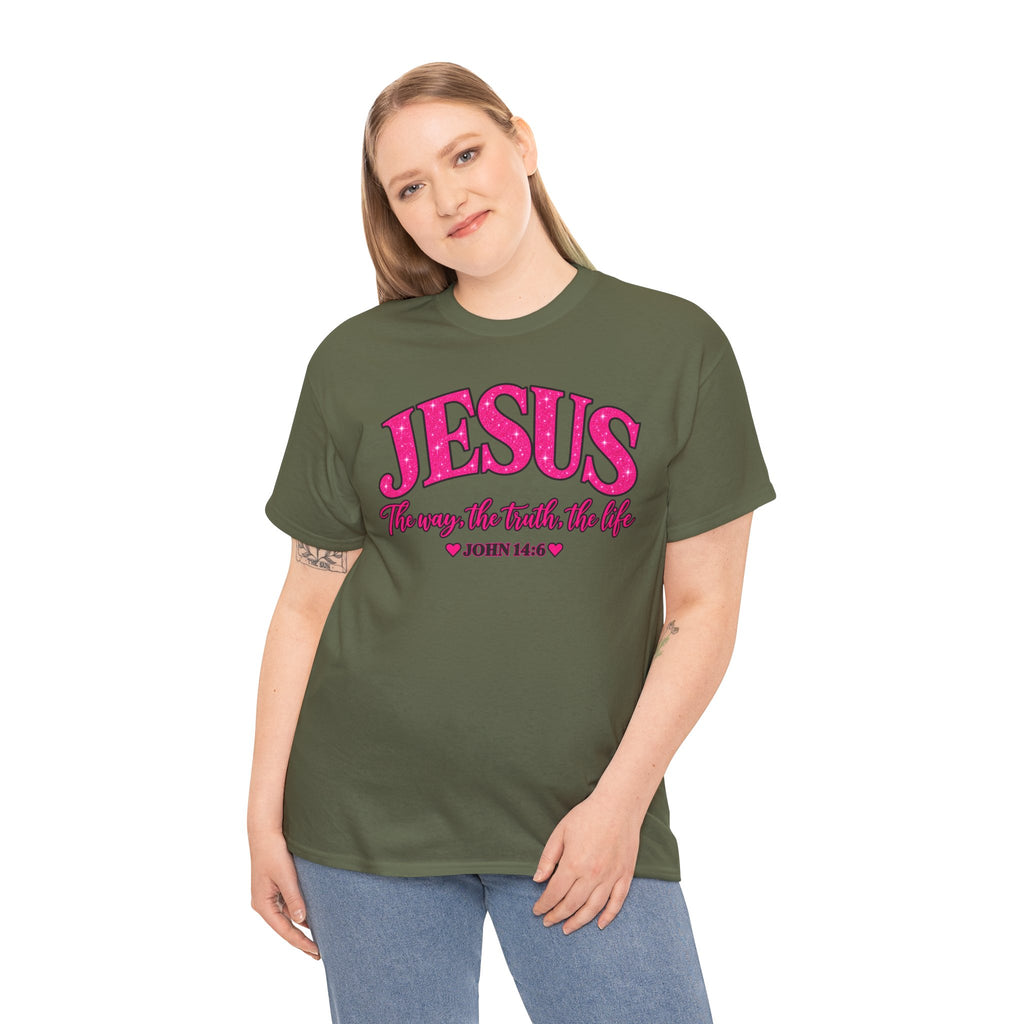 Christian T-Shirt — "JESUS The way, the truth, the life" (John 14:6) Pink Vintage Script