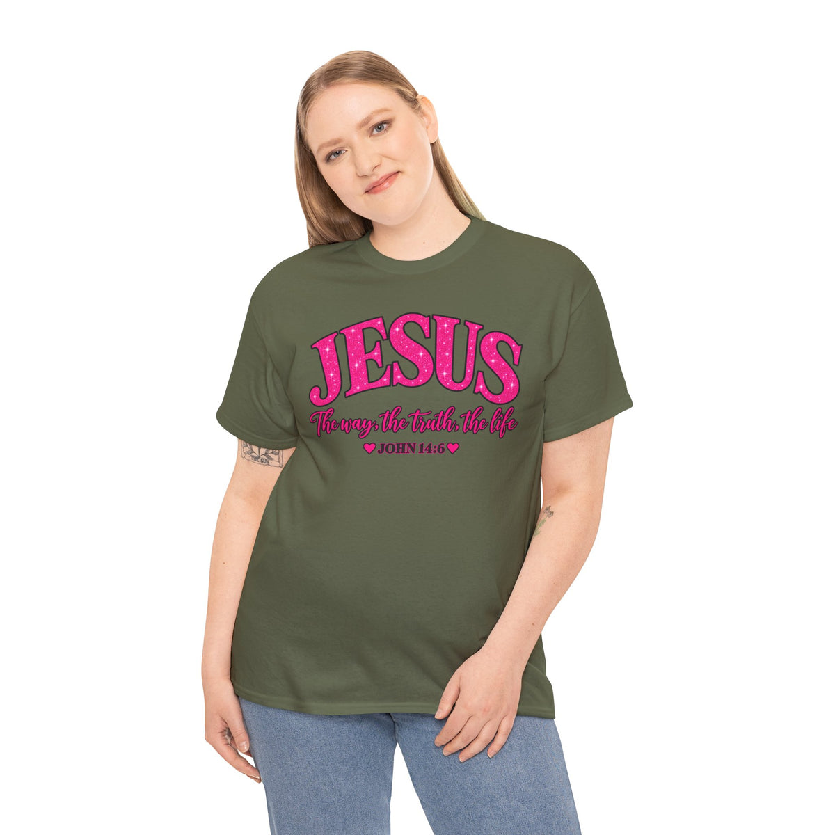 Christian T-Shirt — "JESUS The way, the truth, the life" (John 14:6) Pink Vintage Script