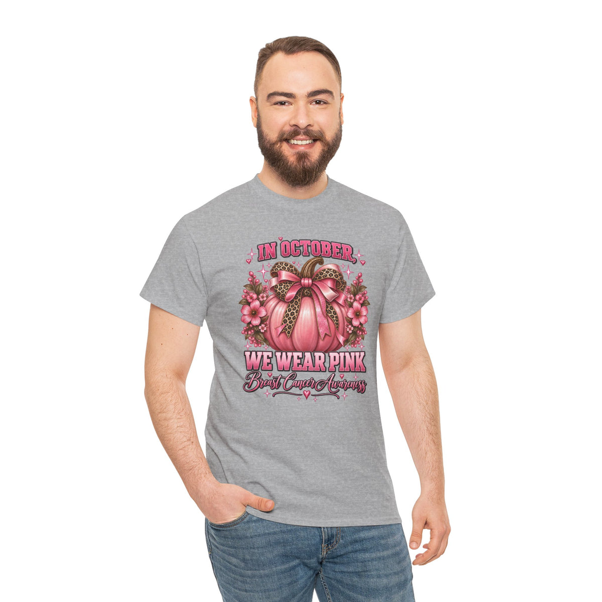 Breast Cancer Awareness T-Shirt — "In October We Wear Pink" Pumpkin Design