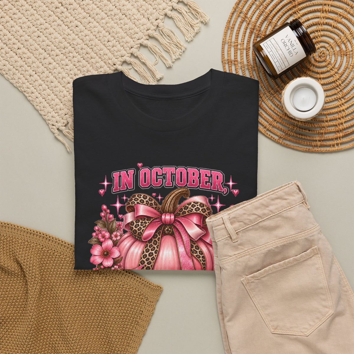 Breast Cancer Awareness T-Shirt — "In October We Wear Pink" Pumpkin Design