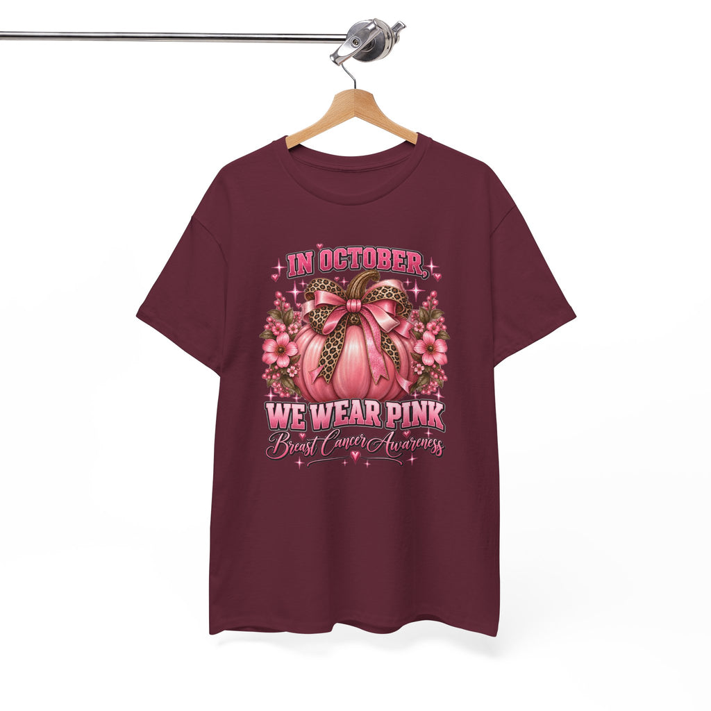 Breast Cancer Awareness T-Shirt — "In October We Wear Pink" Pumpkin Design