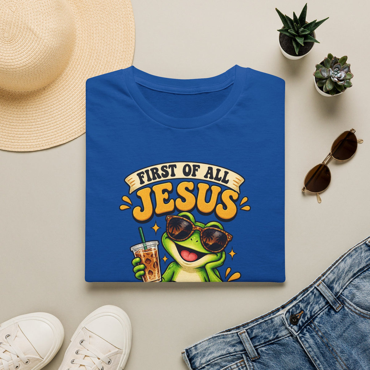 Jesus Frog T-Shirt — "First of All Jesus" Cute Frog Christian Tee