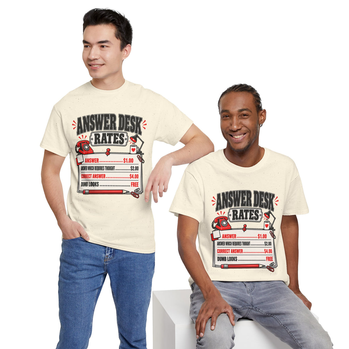 Answer Desk Rates T-Shirt — Funny Help Desk IT Support Tee ("Answer 1.00, Correct Answer 4.00")