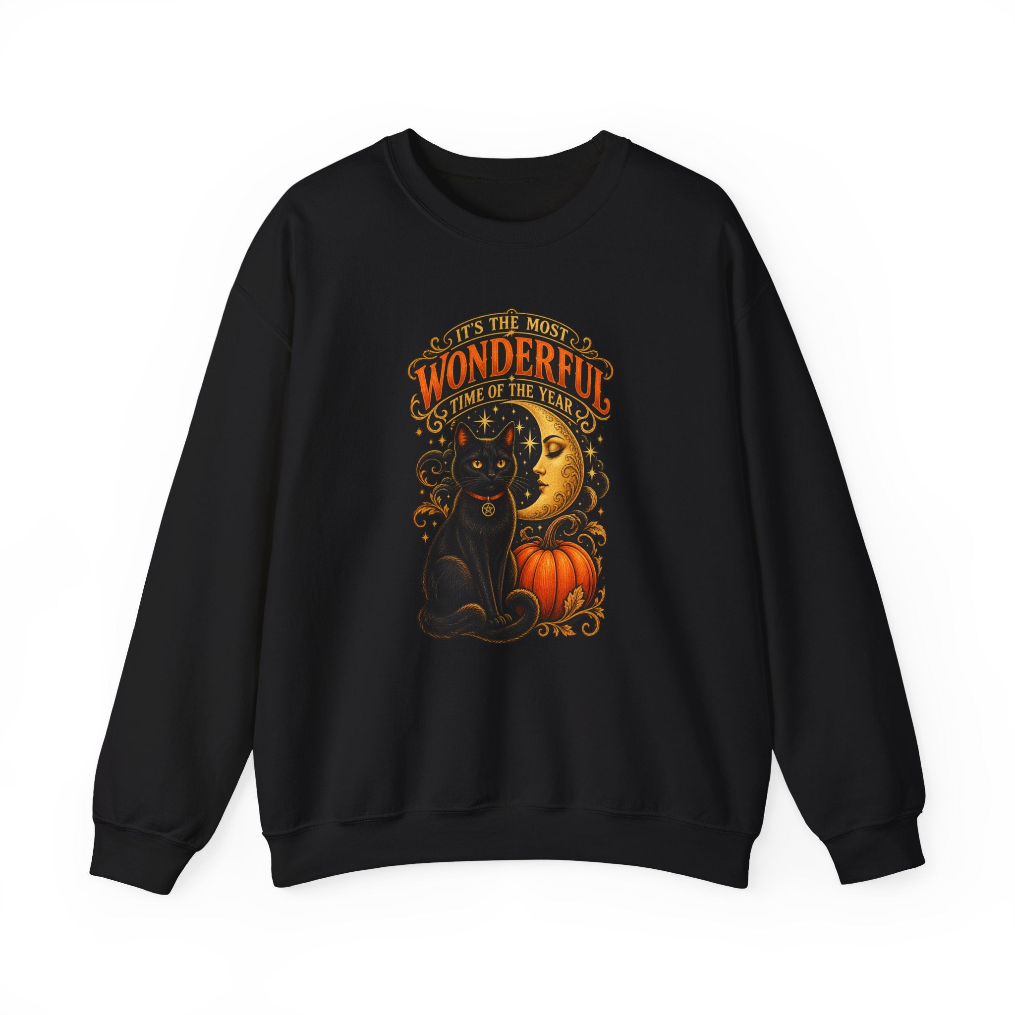 Funny Halloween Sweatshirt – "Most Wonderful Time of the Year" Black Cat & Moon Crewneck | Spooky Season Gift