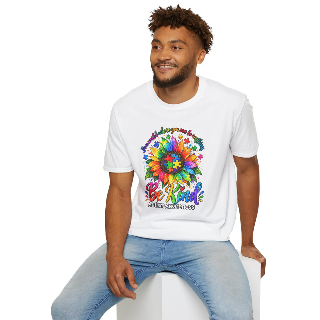 Autism Awareness Sunflower T-Shirt — 'Be Kind' Rainbow Puzzle Design