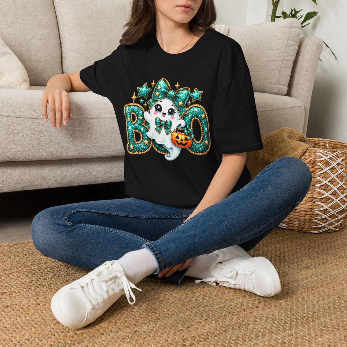 Boo Ghost Graphic T-Shirt — Cute Teal Glitter Halloween Tee
