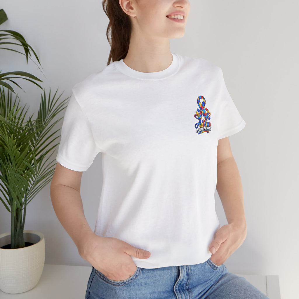 Autism Awareness Ribbon Chest Tee — 'Different, Not Less' Short Sleeve T-Shirt