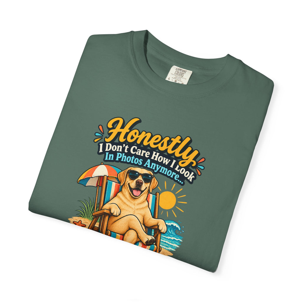 Honestly I Don’t Care How I Look In Photos Anymore T-Shirt — Funny Beach Dog Graphic Tee