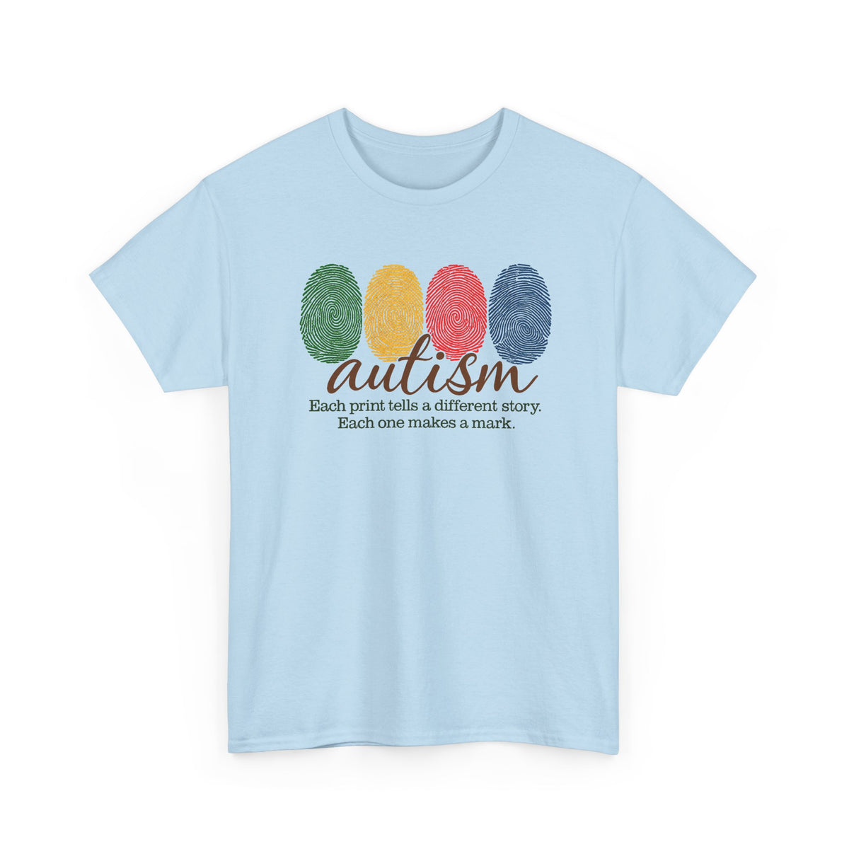Autism Awareness T-Shirt — "Each Print Tells a Different Story" Colorful Fingerprint Tee